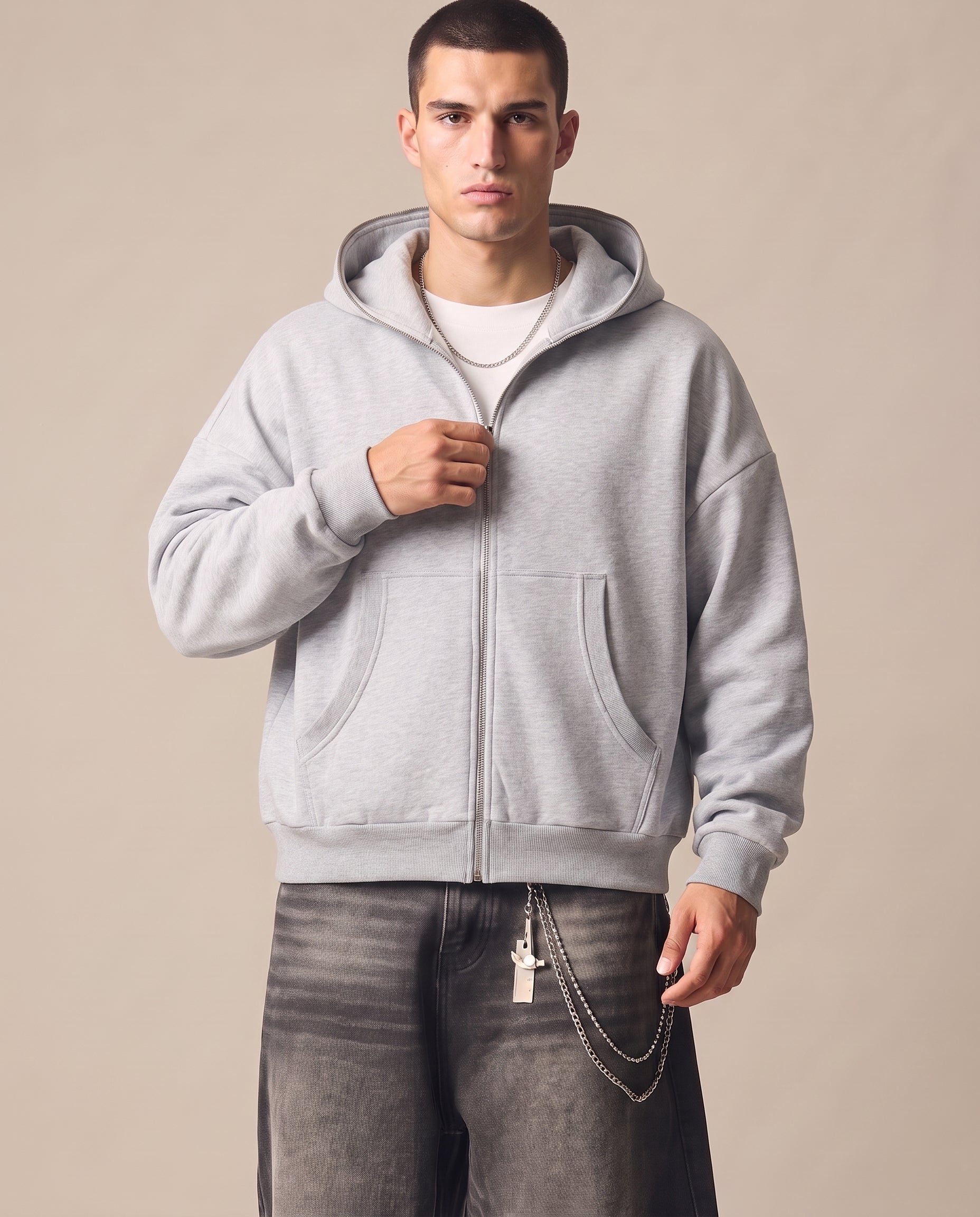 Fleeced Full-Zip Boxy Hoodie