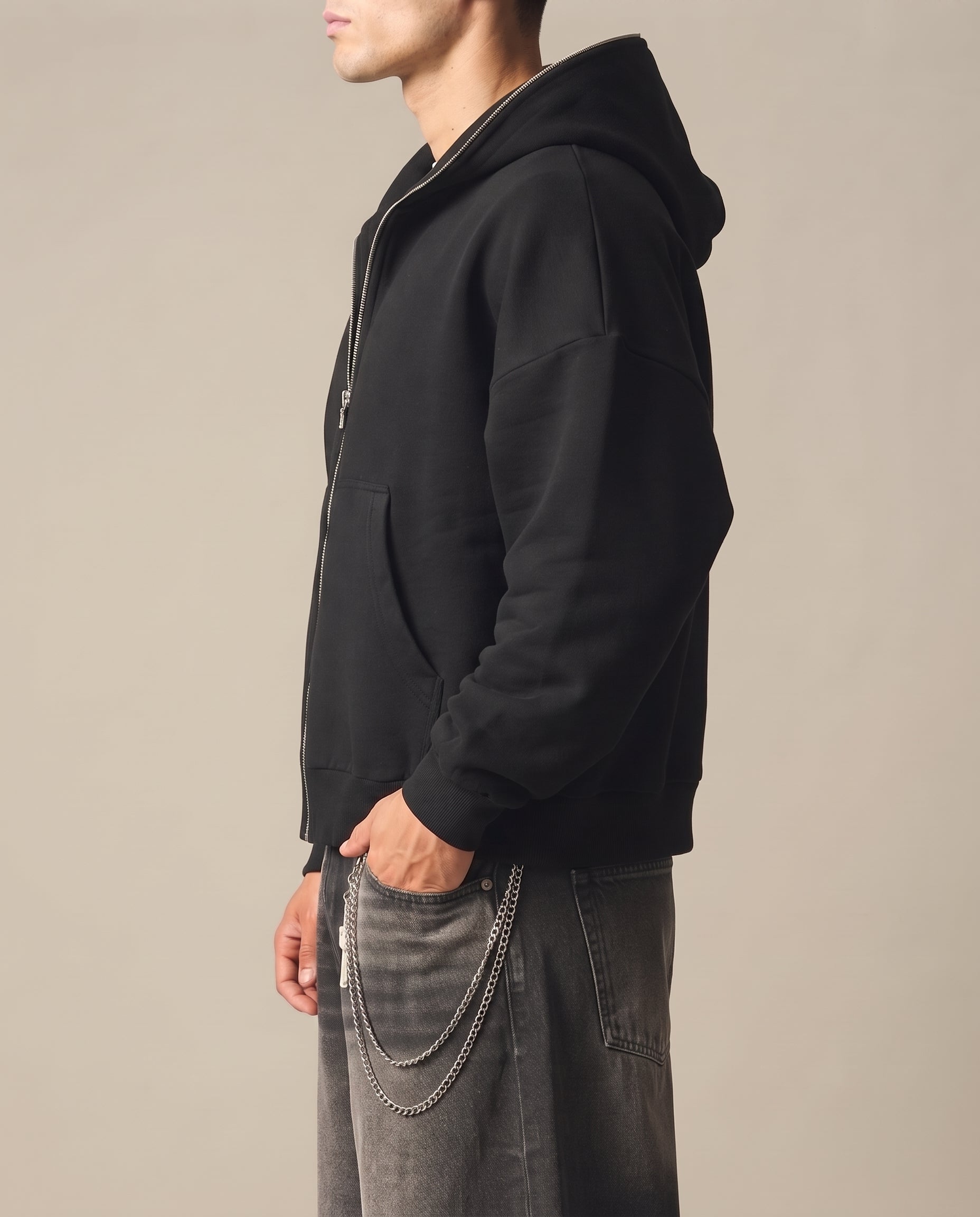 Fleeced Full-Zip Boxy Hoodie
